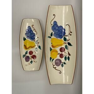 Stangl Pottery Vintage Pair of Ceramic Clay Curved Footed Platers Fruit Pattern